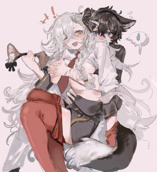 1boy 1girl animal_ears black_hair black_shirt braid breasts commentary covering_breasts covering_privates dog_ears dog_tail fake_animal_ears fate/grand_order fate_(series) fujimaru_ritsuka_(male) grabbing_another's_breast grey_hair groping hair_between_eyes highres kemonomimi_mode kp3963 large_breasts long_hair necktie olga_marie_animusphere olga_marie_animusphere_(unbeast) one_eye_closed orange_pantyhose pantyhose red_necktie sharp_teeth shirt short_hair simple_background sitting sitting_on_person symbol-only_commentary tail teeth white_background white_shirt yellow_eyes