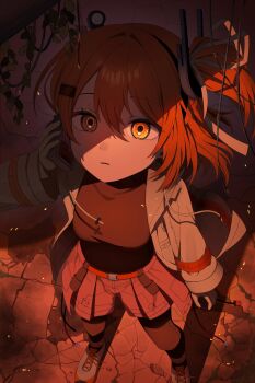 1girl a.i._voice absurdres adachi_rei belt closed_mouth communicator computer_chip crack cracked_floor drawstring expressionless from_above gloves hair_ornament headlamp highres i_m_fine jacket looking_up open_clothes open_jacket orange_eyes orange_hair plant shoelaces shoes shorts side_ponytail solo standing utau vines