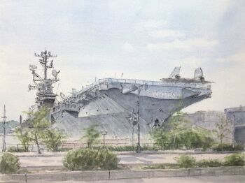 aircraft_carrier atelier_bono blue_sky cloud commentary_request highres lamppost mast military_vehicle museum new_york_city new_york_state no_humans original painting_(medium) pier radar real_world_location scenery ship sky sr-71_blackbird traditional_media united_states_navy uss_intrepid_(cv-11) vehicle_focus vehicle_name warship watercolor_(medium) watercraft