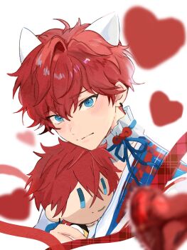 Rule 34 | 1boy, absurdres, amagi hiiro, amagi rinne, animal ears, balloon, blue eyes, blush, bow, cat ears, character doll, closed mouth, commentary request, doll, earrings, ensemble stars!, extra ears, hachida hachita, hair between eyes, heart, heart balloon, highres, hoop earrings, jewelry, kemonomimi mode, looking at viewer, male focus, official alternate costume, red bow, red hair, red ribbon, ribbon, short hair, solo, upper body, white background