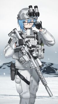 Rule 34 | 1girl, absurdres, ammunition pouch, ar-10, battle rifle, blue eyes, blue hair, bulletproof vest, camouflage, camouflage helmet, camouflage pants, camouflage shirt, glasses, glock, gloves, gun, handgun, helmet, highres, holster, holstered, keiita, magazine (weapon), military combat uniform, military uniform, mountainous horizon, original, pants, pouch, rifle, scope, shirt, snow camouflage, snowing, solo, swedish army, tactical clothes, thigh holster, walkie-talkie, weapon