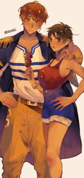 1boy 1girl 2022 absurdres bangle bare_shoulders belt black_coat black_hair blue_shorts blush bracelet breasts buttons closed_mouth coat coat_on_shoulders collarbone commentary desaru facial_scar feet_out_of_frame food freckles genderswap genderswap_(ftm) genderswap_(mtf) hand_on_another's_shoulder hand_on_own_hip hat hat_on_back height_difference highres holding holding_food jewelry large_breasts looking_at_viewer luffyko meat monkey_d._luffy nami_(one_piece) nami_(one_piece)_(east_blue) one_piece orange_hair pants red_shirt scar scar_on_cheek scar_on_face shirt shirt_tucked_in short_hair shorts sleeveless sleeveless_shirt standing straw_hat twitter_username untranslatable_commentary white_shirt