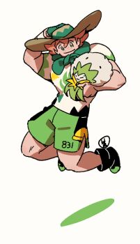 1boy black_shoes closed_eyes closed_mouth eldegoss freckles full_body gen_8_pokemon gloves green_eyes green_gloves green_scarf green_shorts hat konakawa looking_at_another male_focus milo_(pokemon) nintendo orange_hair pokemon pokemon_(creature) pokemon_swsh scarf shirt shoes short_sleeves shorts simple_background single_glove sun_hat white_background white_shirt