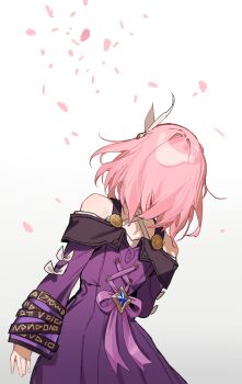 1girl absurdres bare_shoulders coat commentary cyrene_(honkai:_star_rail) cyrene_(philia093)_(honkai:_star_rail) english_commentary falling_petals from_behind hair_ornament highres honkai:_star_rail honkai_(series) ll_0109 petals pink_hair pink_petals purple_coat short_hair simple_background solo white_background