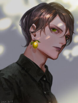 1boy absurdres black_shirt brown_hair commentary_request dappled_sunlight dated doloyume earrings expressionless food food-themed_earrings food_themed_earrings fruit green_eyes hair_between_eyes highres jewelry lemon lemon_earrings lips looking_at_viewer male_focus original shirt short_hair solo sunlight