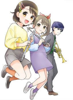 1boy 2girls blue_eyes blue_hair brown_eyes brown_hair brown_shoes commentary_request diagonal-striped_clothes diagonal-striped_necktie dress flute green_necktie grey_shirt grey_shorts hair_ornament hairclip highres holding holding_instrument instrument multiple_girls necktie open_mouth orange_socks pokipoki purple_dress purple_socks shinken-zemi shirt shoes short_dress short_hair short_shorts shorts side_ponytail sidelocks smile socks striped_clothes trumpet yellow_shirt