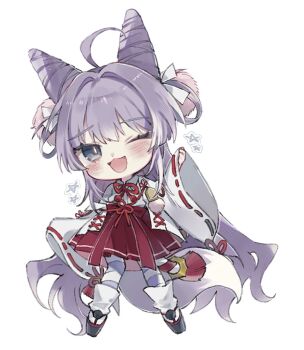 1girl :3 ahoge animal_ears blue_eyes blush chibi chibi_only comimingming commentary_request fangs fox_ears fox_girl fox_tail grey_hair hair_intakes hair_ornament highres japanese_clothes kemonomimi_mode korean_commentary long_hair nontraditional_miko one_eye_closed open_mouth pom_pom_(clothes) pom_pom_hair_ornament red_skirt sandals shirt skirt smile socks solo stellive striped_clothes striped_thighhighs tabi tail tenko_shibuki thighhighs virtual_youtuber white_background white_shirt white_socks wide_sleeves