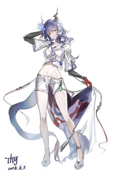 Rule 34 | 1girl, absurdres, arknights, blue flower, ch'en (arknights), chinese commentary, commentary request, cropped shirt, dragon girl, dragon horns, dragon tail, flower, gloves, hair flower, hair ornament, highres, horns, looking at viewer, navel, purple hair, red eyes, red gloves, shirt, shoes, short shorts, shorts, sikadi shigaoshou, solo, stomach, tail, white shirt, white shoes, white shorts