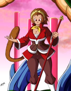 1girl absurdres artist_name ascot bo_staff breasts brown_hair brown_pants circlet cleavage cloud commentary dragon dragon_ball dragon_horns english_commentary haramaki highres holding holding_staff horns large_breasts looking_at_viewer marvel_vs._capcom marvel_vs._capcom_2 medium_hair monkey_girl monkey_tail pants parody pillar pink_sky red_eyes red_shirt sarashi shirt sidelocks signature sky solo sonson staff strangermen style_parody tail toriyama_akira_(style) yellow_ascot