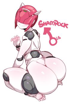 0lightsource 1boy android ass blush colored_skin from_behind hair_over_eyes highres joints kneeling looking_at_viewer looking_back metal_skin pink_hair robot robot_joints robot_neoanthropinae_polynian shamrock_(polynian) shiny_skin simple_background solo trap white_background white_skin