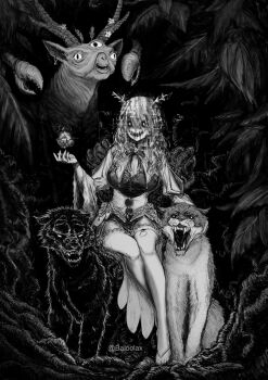 1girl :d animal antlers apple baloolax bird black_panther black_sclera bow bowtie braid braided_bangs branch breasts bridal_gauntlets brooch ceres_fauna claws cleavage colored_sclera crossed_legs deer distortion dress eldritch_abomination extra_arms extra_eyes fangs flower food framed_breasts fruit green_flower green_hair greyscale hair_between_eyes hand_up haunting highres hololive hololive_english horns horror_(theme) jewelry large_breasts long_hair long_sleeves looking_at_viewer monochrome nature open_mouth panther cougar rose single_braid sitting smile solo upper_body virtual_youtuber white_dress white_eyes wide_sleeves