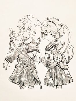 Rule 34 | 2girls, alternate costume, closed mouth, clothes grab, commentary request, eyeball, hair ornament, hairband, heart, heart hair ornament, heart of string, komeiji koishi, komeiji satori, long sleeves, menotama, multi-source commentary, multiple girls, neckerchief, no headwear, pleated skirt, sailor collar, sailor shirt, school uniform, shirt, short hair, skirt, third eye, touhou, traditional media