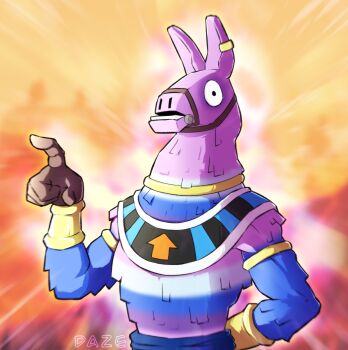 1other absurdres ancient_egyptian_clothes animal_ears armlet artist_name beerus blue_fur blue_sash bracer commentary dragon_ball ear_ornament english_commentary fortnite furry fusion gradient_background hand_up highres jewelry llama multicolored_fur pointing purple_fur red_background sash supply_llama_(fortnite) what white_fur wrist_cuffs xdaze