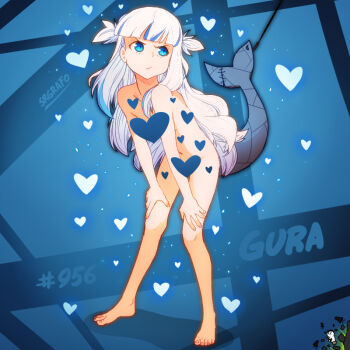 1boy 1girl :v annoyed artist_name artist_self-insert barefoot blue_background blue_eyes blue_hair breasts censored character_name completely_nude feet fingernails fins fish_tail full_body gawr_gura hands_on_own_knees heart heart_censor hololive hololive_english leaning_forward long_hair looking_to_the_side multicolored_hair navel nude shark_tail small_breasts srgrafo standing streaked_hair tail toenails two-tone_hair two_side_up v-shaped_eyebrows very_long_hair virtual_youtuber white_hair