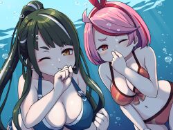 Rule 34 | 2girls, ;t, air bubble, bare arms, bare shoulders, bikini, blue bikini, breasts, brown eyes, bubble, cleavage, closed mouth, commentary request, commission, green hair, hair ribbon, hairband, holding breath, large breasts, long hair, multicolored hair, multiple girls, navel, one eye closed, original, pink hair, pixiv commission, ponytail, red bikini, red eyes, red hair, red hairband, red ribbon, revision, ribbon, streaked hair, swimsuit, tsunaso (lack of sunlight), underwater, very long hair, water, white hair