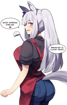 1girl absurdres alternate_hairstyle animal_ears apron ass black_shirt blue_pants blunt_bangs blush bow breasts ear_bow english_text gold_ship_(umamusume) grey_hair heart highres hinghoi holding holding_ladle horse_ears horse_girl horse_tail ladle large_breasts long_hair no_headwear open_mouth pants purple_bow purple_eyes red_apron shirt smile solo speech_bubble spoken_heart tail twintails umamusume