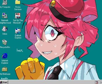 1girl collared_shirt commentary desktop_(computing) english_commentary gloves hat kasane_teto koasku looking_at_viewer mesmerizer_(vocaloid) microsoft_windows nervous_sweating pink_eyes pink_hair pink_hat pixel_art portrait screenshot_background shirt solo sweat windows_95 windows_classic yellow_gloves