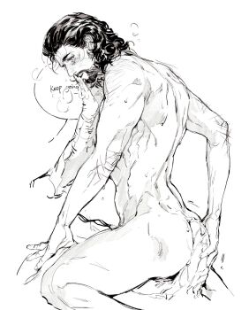 2boys baldur's_gate baldur's_gate_3 beard black_hair blush dungeons_&amp;_dragons earrings eliza_fox english_text erection facial_hair from_side gale_(baldur's_gate) greyscale hair_slicked_back highres imminent_anal imminent_penetration jewelry looking_at_another monochrome multiple_boys nude penis precum simple_background single_earring sitting sitting_on_lap sitting_on_person sketch speech_bubble the_dark_urge_(baldur's_gate) wavy_hair white_background yaoi