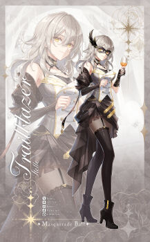 1girl absurdres alternate_costume asymmetrical_legwear bare_shoulders black_boots black_dress black_feathers black_garter_straps black_mask black_pantyhose black_thighhighs boots breasts character_name closed_mouth commentary cup dress drinking_glass english_commentary english_text feathers fingerless_gloves full_body fylus garter_straps gloves high_heel_boots high_heels highres holding holding_cup honkai:_star_rail honkai_(series) lace lace_gloves long_hair mismatched_legwear pantyhose single_fingerless_glove smile solo standing stelle_(honkai:_star_rail) striped_clothes striped_thighhighs thighhighs thighhighs_over_pantyhose trailblazer_(honkai:_star_rail) wine_glass yellow_eyes zoom_layer