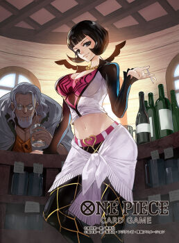 1boy 1girl bar_(place) beard black_hair bob_cut bottle breasts cigarette cleavage clothes_around_waist copyright_notice crop_top cup drinking_glass facial_hair glasses grey_hair holding holding_cigarette large_breasts moreshan mug official_art one_piece one_piece_card_game shakuyaku_(one_piece) silvers_rayleigh smile window wine_bottle