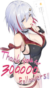 1girl absurdres blue_eyes breasts cleavage commentary_request contrast_lapels hair_ornament hairclip highres honkai:_star_rail honkai_(series) lapels large_breasts looking_at_viewer one-piece_swimsuit open_mouth red_hair short_hair solo swimsuit thigh_strap topaz_(honkai:_star_rail) white_hair yumegiwa_(skgl_thx)