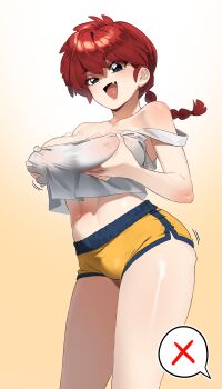 1girl absurdres braid breasts crop_top fang grabbing_own_breast highres in_(ain) large_breasts long_hair looking_at_viewer micro_shorts midriff naughty_face off_shoulder ranma-chan ranma_1/2 red_hair shirt shorts solo spoken_x white_shirt yellow_shorts