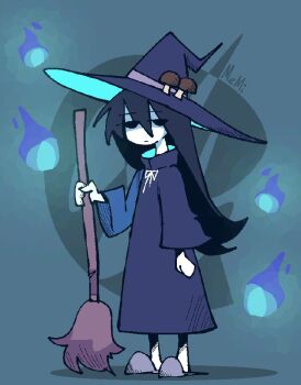 1girl black_hair broom cloak empty_eyes fireball ghost hair_between_eyes hat holding holding_broom jitome long_hair memi mushroom mushroom_on_head shimeji_simulation simple_background slippers standing tsukishima_shijima whisp witch witch_hat