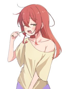 1girl alternate_costume arm_at_side bocchi_the_rock! brushing_teeth commentary_request double-parted_bangs green_eyes hair_between_eyes hand_up highres holding holding_toothbrush kita_ikuyo long_bangs long_hair messy_hair morning off-shoulder_shirt off_shoulder one_eye_closed open_mouth red_hair shirt short_sleeves simple_background sketch solo spell_phd toothbrush upper_body waking_up white_background yellow_shirt