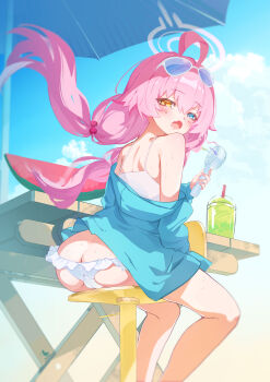 1girl absurdres ahoge bikini blue-tinted_eyewear blue_archive blue_eyes blue_jacket eyewear_on_head halo heterochromia highres hoshino_(blue_archive) hoshino_(swimsuit)_(blue_archive) jacket long_hair looking_at_viewer low_twintails miaosu official_alternate_costume open_mouth outdoors pink_hair pink_halo sky solo sunglasses swimsuit tinted_eyewear twintails white-framed_eyewear white_bikini yellow_eyes