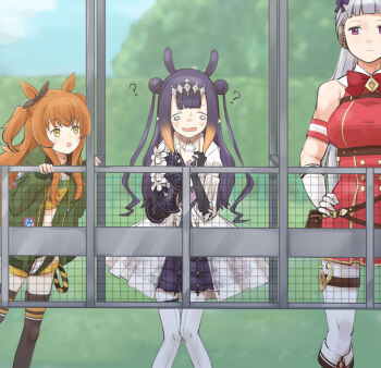 3girls :o ? animal_ears armband black_thighhighs blurry blurry_background bomber_jacket bow bowtie commentary_request confused crinoline double_bun dress gauntlets gloves gold_ship_(red_strife)_(umamusume) gold_ship_(umamusume) green_jacket hair_bun hands_on_own_hips highres hololive hololive_english horse_ears horse_girl jacket knees_together_feet_apart long_hair long_sleeves looking_at_another mayano_top_gun_(scramble_zone)_(umamusume) mayano_top_gun_(umamusume) multiple_girls ninomae_ina'nis ninomae_ina'nis_(ina_the_hero) okadain open_clothes open_dress orange_hair outdoors pantyhose purple_eyes purple_hair racetrack single_gauntlet standing starting_gate tentacle_hair thighhighs two_side_up umamusume virtual_youtuber white_gloves white_hair white_pantyhose yellow_eyes
