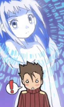 Rule 34 | 00's, 1boy, 1girl, akiyama ryo, biomerge, blue eyes, blue hair, blue skin, blush, breasts, colored skin, completely nude, couple, digimon, digimon tamers, embarrassed, female focus, flat chest, fusion, hair down, kurot, long hair, looking at viewer, makino ruki, matrix evolution, no nipples, nude, small breasts, spiked hair, sweater, toei company