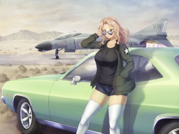 1girl absurdres blonde_hair blue_eyes breasts car collarbone curvy dodge_(company) dodge_challenger f-4_phantom_ii girls_und_panzer hand_in_pocket highres jacket kay_(girls_und_panzer) large_breasts long_hair motor_vehicle open_mouth parted_bangs plane runway saunders_school_uniform school_uniform short_shorts shorts sunglasses thighhighs vehicle_request warmcummies