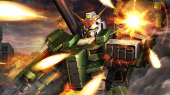 absurdres aiming aiming_at_viewer arm_cannon battle beam_cannon cityscape cloud cloudy_sky copyright_notice dusk earth_federation explosion firing full_armor_alex gatling_gun gun gundam gundam_alex gundam_battle_operation_2 gundam_msv highres machine_gun machinery mecha mecha_focus mobile_suit muzzle_flash no_humans official_art painting_(medium) reactive_armor realistic robot scan science_fiction shoulder_cannon sky smoke sunrise_(company) tenjin_hidetaka traditional_media v-fin weapon window yellow_eyes
