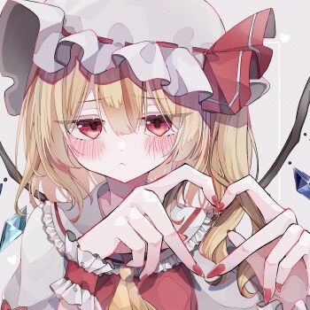 1girl absurdres ascot blonde_hair blush commentary crystal_wings fingernails flandre_day flandre_scarlet four-finger_heart_hands frilled_hat frilled_sailor_collar frilled_wristband frills haimu hair_between_eyes hat hat_ribbon heart heart_hands highres looking_at_viewer mob_cap nail_polish one_side_up red_eyes red_nails red_ribbon red_vest ribbon sailor_collar shirt simple_background solo touhou upper_body vest white_background white_hat white_shirt wings yellow_ascot