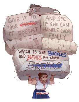 1girl artist_name bakuatsukiyu blue_skirt brown_hair carrying commentary donkey encanto english_commentary english_text highres luisa_madrigal lyrics muscular muscular_female skirt solo upper_body