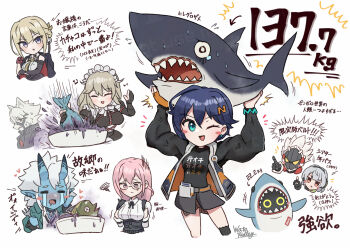 Rule 34 | 2boys, 5girls, alexandrina sebastiane, alternate muscle size, anby demara, animal, bangboo (zenless zone zero), belle (zenless zone zero), billy kid, blue eyes, blue hair, blush stickers, commentary request, crying, evelyn chevalier, fish, holding above head, multiple boys, multiple girls, musical note, one eye closed, open mouth, shark, soukaku (zenless zone zero), squiggle, streaming tears, tears, translation request, tsukishiro yanagi, von lycaon, wakaba (wata ridley), zenless zone zero