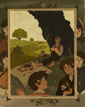 4boys analogous_colors armor barefoot black_shirt book border brown_border brown_hair brown_vest cape chainmail collared_shirt fantasy field film_grain flower food frodo_baggins frown green_cape hair_flower hair_ornament hashtag-only_commentary helmet highres hill halfling holding holding_smoking_pipe inset_border male_focus meriadoc_brandybuck multiple_boys multiple_views open_book orange_vest ornate_border outdoors pants peregrin_took picnic_basket picnic_blanket pointy_ears polka_dot_vest reading red_flower red_shirt samwise_gamgee shirt sky smile smoking_pipe standing striped_clothes striped_pants striped_shirt the_lord_of_the_rings tolkien's_legendarium tree under_tree vest white_border white_flower white_shirt white_sky yaroslava_murashko yellow_border yellow_vest