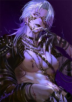 1girl abs arm_tattoo black_choker black_jacket black_lips blue_eyes breasts chain chest_strap choker claws commentary cosplay ear_piercing english_commentary grey_hair highres jacket leather leather_jacket long_hair looking_at_viewer love_and_deepspace medium_breasts navel_piercing nipple_piercing nipples parted_lips path_to_nowhere piercing purple_background renepolumorfous smile solo sylus_(love_and_deepspace) sylus_(love_and_deepspace)_(cosplay) tattoo toned toned_female zoya_(path_to_nowhere)