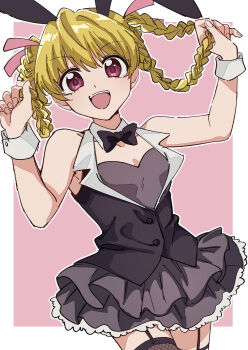 1girl :d absurdres animal_ears bare_arms biscuit_krueger black_bow black_bowtie black_vest blonde_hair border bow bowtie braid collarbone cowboy_shot detached_collar dress fake_animal_ears fishnet_thighhighs fishnets flat_chest garter_straps grey_dress hair_ribbon highres holding holding_own_hair hunter_x_hunter long_hair looking_at_viewer open_mouth outline outside_border pink_background pink_ribbon rabbit_ears re_tae44 red_eyes ribbon short_dress sketch sleeveless sleeveless_dress smile solo standing thighhighs twin_braids twintails vest white_border white_outline white_wrist_cuffs wrist_cuffs zettai_ryouiki