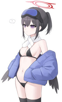 1girl absurdres bikini black_bikini black_thighhighs black_wings blue_archive breasts commentary_request cosplay eimi_(blue_archive) eimi_(blue_archive)_(cosplay) eimi_(swimsuit)_(blue_archive) feathered_wings goggles goggles_on_head gomzzit halo hands_in_pockets highres jacket low_wings mashiro_(blue_archive) padded_jacket ponytail purple_jacket red_halo scarf simple_background ski_goggles small_breasts solo swimsuit thighhighs white_background white_scarf winged_halo wings