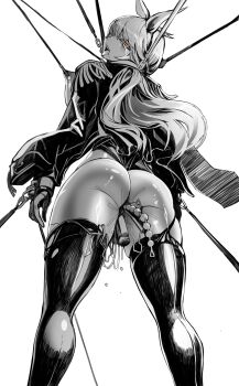 1girl absurdres anal anal_beads anal_object_insertion ass bdsm bondage boots bound bound_wrists breasts collar commentary crying crying_with_eyes_open cuffs cws1122uu english_commentary epaulettes feet_out_of_frame floating_hair from_behind from_below greyscale half-closed_eye hatching_(texture) highres jacket large_breasts legs_apart linear_hatching long_hair monochrome multiple_insertions nipples object_insertion open_mouth orange_eyes original pussy_juice remote_control_vibrator restrained saliva sex_toy simple_background slave solo spot_color standing tears thigh_boots tongue tongue_out vaginal vaginal_object_insertion very_long_hair vibrator vibrator_cord