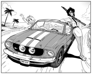 Rule 34 | 2girls, absurdres, bb (baalbuddy), belt, car, closed mouth, commentary, commission, dark-skinned female, dark skin, english commentary, ford mustang, greyscale, gun, gunsmith cats, hair between eyes, highres, holster, license plate, long sleeves, medium hair, minnie may hopkins, monochrome, motor vehicle, multiple girls, necktie, open mouth, outdoors, over shoulder, palm tree, pencil skirt, rally vincent, shelby gt500, shirt, shoes, short hair, shotgun, shoulder holster, skirt, smile, standing, tree, waving, weapon, weapon over shoulder