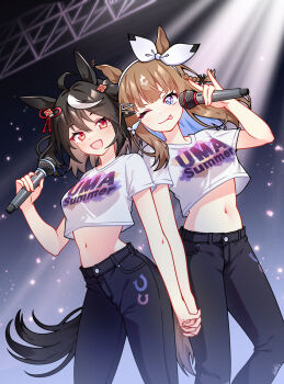 2girls ;p ahoge almond_eye_(umamusume) animal_ears black_hair blue_eyes blue_hair blush braid clothes_writing colored_inner_hair commentary_request condottieri crop_top eyelashes hair_ornament hair_ribbon hairband hairclip highres holding holding_hands holding_microphone horse_ears horse_girl kitasan_black_(umamusume) long_hair matching_outfits medium_hair microphone midriff multicolored_hair multiple_girls navel one_eye_closed open_mouth red_eyes red_ribbon ribbon shirt short_sleeves side_braid smile streaked_hair tongue tongue_out two-tone_hair umamusume white_hair white_hairband white_shirt