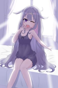 1girl absurdres alternate_costume banteu colored_inner_hair commentary_request dot_nose frills highres hololive hololive_english jewel_under_eye koseki_bijou long_hair looking_at_viewer multicolored_hair one_eye_closed open_mouth pajamas pink_hair purple_eyes purple_hair sitting solo virtual_youtuber window yawning