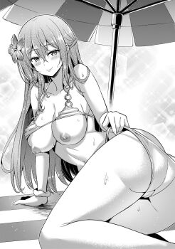 1girl :&gt; adjusting_clothes adjusting_swimsuit ass bikini bikini_top_lift blush boku_no_kanojo_sensei breasts cameltoe closed_mouth clothes_lift crossed_bangs embarrassed female_focus flower fujiki_maka hair_flower hair_ornament highres large_breasts legs long_hair looking_at_viewer lying monochrome navel nipples o-ring o-ring_bikini on_side oryo_(oryo04) parasol pulling_own_clothes sdwing simple_background sitting smile solo sweat swimsuit thighs umbrella