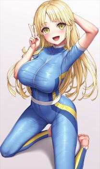 1girl :d arm_up bang_dream! barefoot belt blonde_hair blue_bodysuit blush bodysuit breasts covered_erect_nipples hand_up kneeling lambda_(kusowarota) large_breasts long_hair looking_at_viewer open_mouth short_sleeves simple_background smile solo teeth toes tongue tsurumaki_kokoro upper_teeth_only v white_background white_belt yellow_eyes