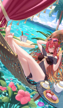 1girl arm_behind_head arm_up bare_shoulders barefoot beach bikini black_bikini blue_sky blush bottle braid breasts broken_horn bucket character_request closed_mouth cloud collarbone commentary_request crossover cup curtains day dessert detached_horns dragon_girl dragon_horns dragon_tail drinking_glass drinking_straw dutch_angle eyewear_on_head feet flower flower_on_liquid food fruit glass_table gold gradient_hair gradient_horns hair_between_eyes hair_ribbon halterneck hammock hand_up hat highres holding holding_cup horns ice ice_bucket ice_cube indie_virtual_youtuber innertube juice large_breasts legs legs_up long_hair longyu_(17767756) looking_at_viewer lying macaron milk mountainous_horizon multicolored_hair multicolored_horns navel ocean on_hammock orange_(fruit) orange_hair orange_juice orange_slice outdoors palm_tree plant plate reclining red_hair ribbon round_table see-through_clothes side_braid sidelocks sky slit_pupils smile soles solo straw_hat sun_hat swim_ring swimsuit swimsuit_cover-up table tail tassel teacup teapot thighs tinted_eyewear toes tree unworn_hat unworn_headwear very_long_hair virtual_youtuber water white_ribbon yellow_eyes
