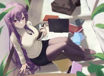 1girl bag black_pantyhose black_skirt blurry book breasts brown_sweater commentary computer depth_of_field doki_doki_literature_club hair_ornament hairclip highres holding holding_book laptop large_breasts light_smile long_hair long_sleeves looking_at_viewer pantyhose pencil_skirt plant purple_eyes purple_hair sitting skirt solo sweater vyva yuri_(doki_doki_literature_club)