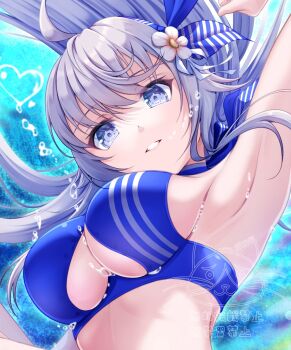 1girl ahoge armpits arms_up bikini blue_bikini blue_hairband breasts cleavage commentary_request flower grey_eyes grey_hair hachiware_(8ware63) hair_flower hair_ornament hairband highres kantai_collection large_breasts long_hair looking_at_viewer official_alternate_costume solo sports_bikini swimsuit underboob underwater upper_body washington_(kancolle) washington_(swimsuit)_(kancolle)