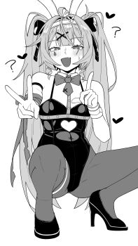 1girl absurdres animal_ear_hairband animal_ears blush bow breasts commentary detached_collar facial_mark fake_animal_ears fang greyscale hair_ribbon hairband hatsune_miku high_heels highres kynation leotard looking_at_viewer monochrome open_mouth pantyhose playboy_bunny rabbit_ear_hairband rabbit_ears rabbit_hole_(vocaloid) ribbon skin_fang solo squatting symbol-only_commentary teardrop_facial_mark twintails vocaloid